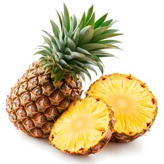 Ripe Pineapple Fruit with Fresh Green Leaves and Sliced Vibrant Yellow Core on White Background