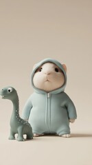 A charming guinea pig dressed in a soft blue onesie stands next to a small dinosaur figure, set against a neutral backdrop