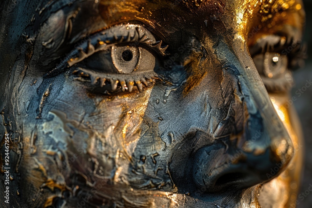 Poster a close-up view of a beautiful woman's face on a statue, ideal for use in art or historical context