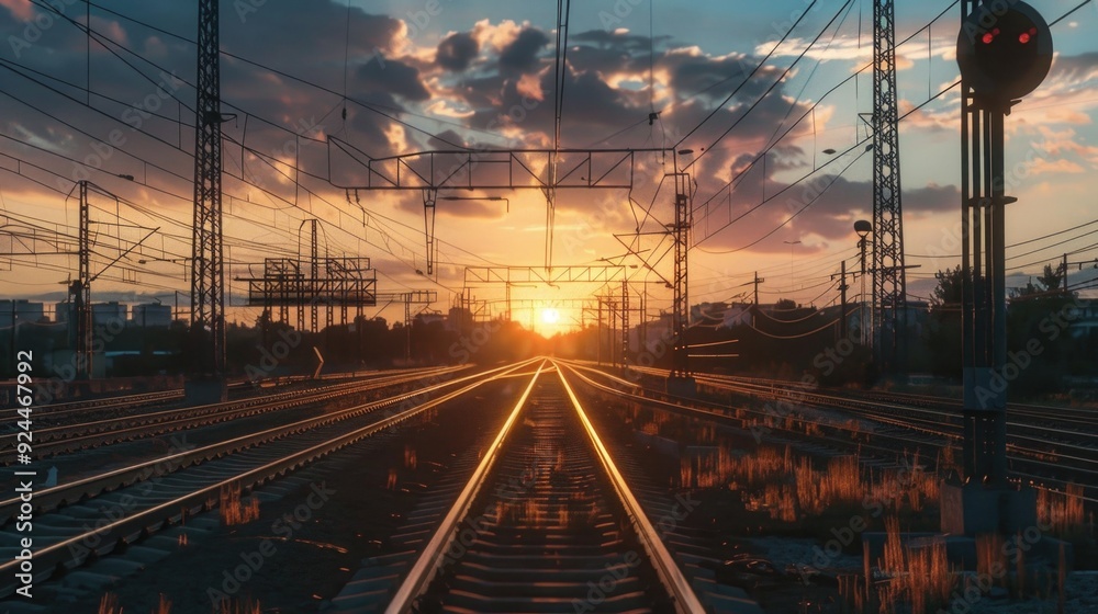 Poster railway tracks stretching into the distance as the sun sets behind, creating a warm and serene atmos