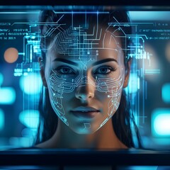 3d digital facial recognition displaying a face with overlaid ai biometric data