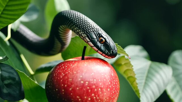 close-up of a serpent coiled tightly around a vibrant red apple, sliding down the tree. This image symbolizes the biblical narrative of Eden, temptation, and the fall of man, dark tones