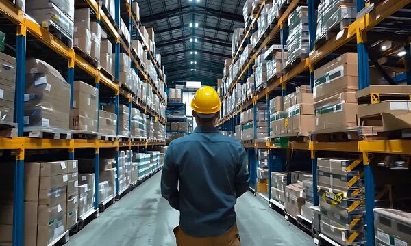 A worker checks inventory in a spacious warehouse filled with shelves and boxes