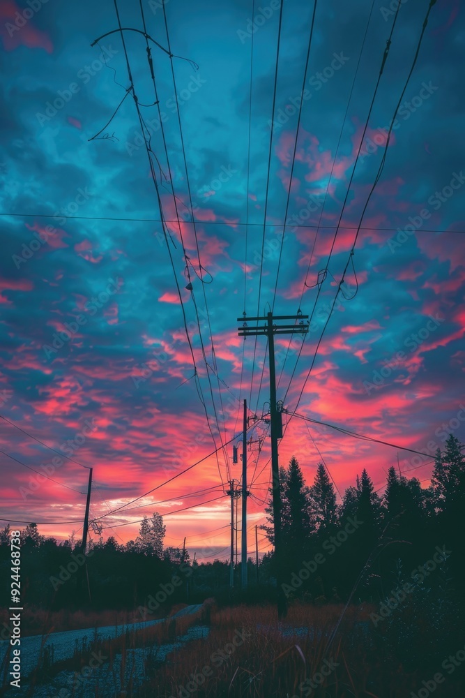 Poster transmission towers and power lines in the background