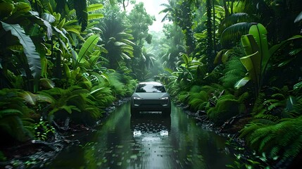 EV in a Rainforest Setting: An electric vehicle driving through a dense rainforest, with lush vegetation and wildlife.