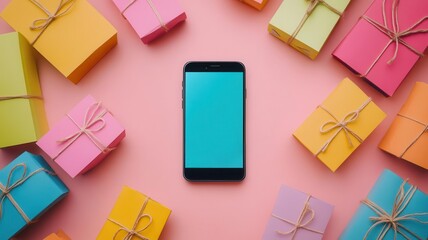 A smartphone surrounded by colorful gift boxes on a vibrant pink background, perfect for celebrations and digital communication.