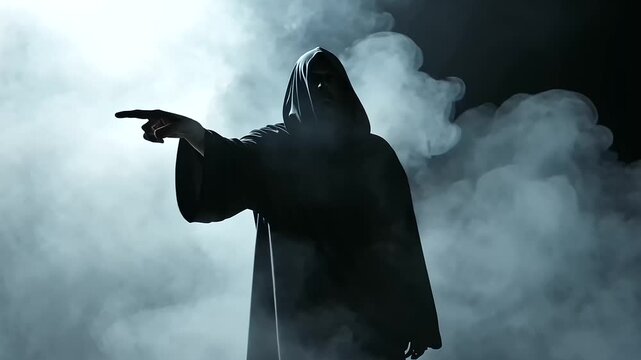 Ominous grim reaper emerging from a smoky, shadowy background, with a bony finger pointing menacingly. Ideal for eerie scenes, suspenseful storytelling, and gothic horror content