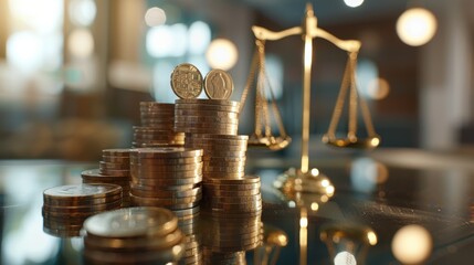 Golden Coins Stacked with Scales of Justice in Background.  Justice Concept