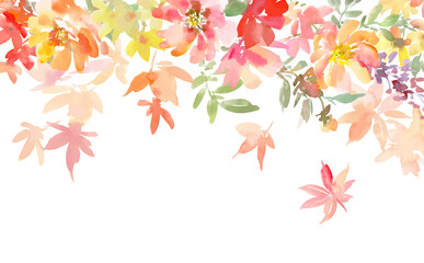 A watercolor vector illustration of autumn leaves and flowers for a background. An abstract botanical frame with an autumn vibe, painted in watercolor.