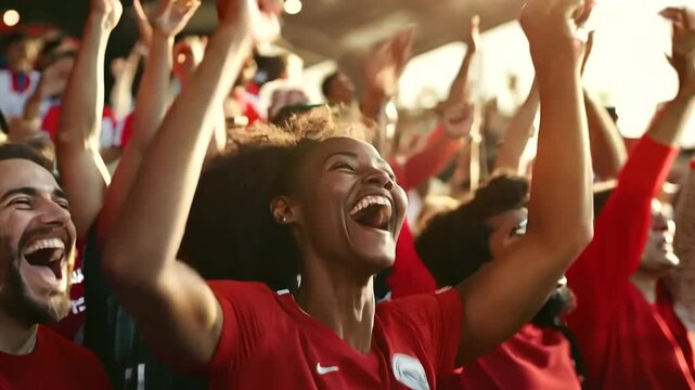 Portraits of ecstatic football fans in the stadium, cheering with joy and enthusiasm. A diverse group united in celebration, showcasing their support with expressions