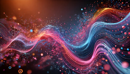 Obraz premium Dynamic Abstract Digital Wave of Colorful Particles and Light Representing Data Flow, Technology, and Energy in a Futuristic, Energetic Composition
