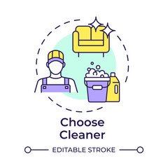 Choose cleaner multi color concept icon. Janitor uniform. Detergent bottles, chemicals. Round shape line illustration. Abstract idea. Graphic design. Easy to use in infographic, presentation