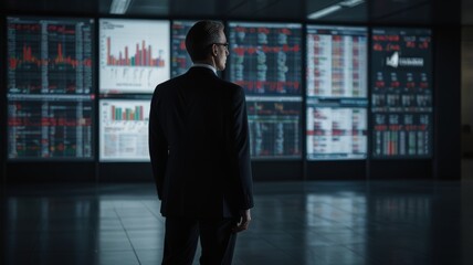 Fototapeta premium A man in a dark business suit stands with his back to us in a white hall. He is looking at a large information board