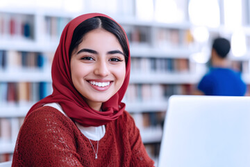 Arabian student girl happy study using laptop at school library