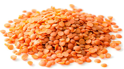 close-up of a heap of uncooked red lentils on a white background