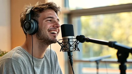 Smiling young man with headphones, actively engaging with a microphone in a lively podcast recording environment. The vibrant setup reflects his excitement and commitment to delivering captivating con