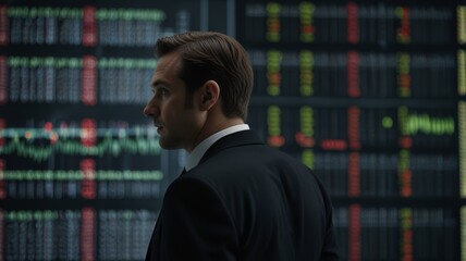 Fototapeta premium A man in a dark business suit stands with his back to us in a white hall. He is looking at a large information board