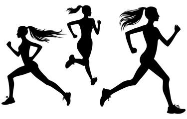 woman runner silhouette set vector illustration, Joggers or Cross Country Running - Girls, people running silhouettes vector, athletic little girl in sportswear running or jogging