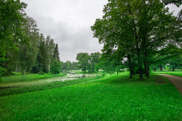 A park with a pond and a path