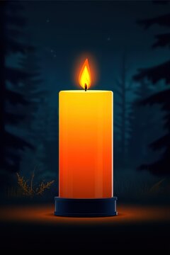 A glowing candle illuminates the darkness, creating a warm and inviting atmosphere in a tranquil forest setting.