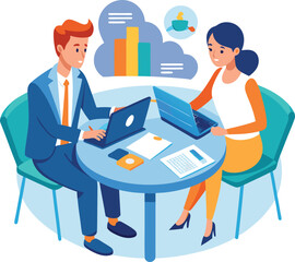 Partners meeting for business discussion with documents and laptop on desk. Couple at round table, speaking, discussing work, partnership. Flat vector illustration isolated on white background
