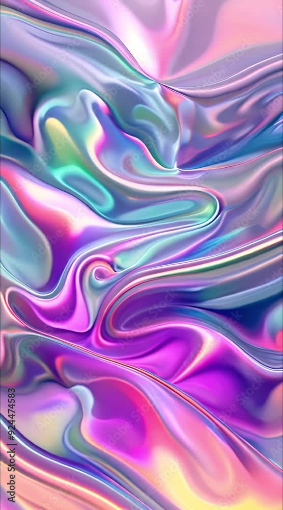 Poster an iridescent fluid abstract image with bright colors in a smooth, flowing style on a soft gradient 