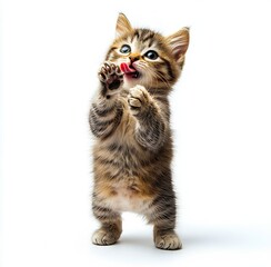 Fototapeta premium A small kitten standing on its hind legs with its paws up in the air