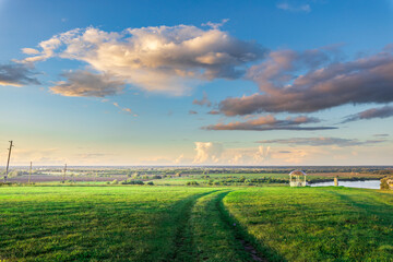 Obraz premium A field of grass with a white path in the middle