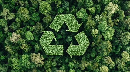 Dense forest canopy shaped into a recycling symbol