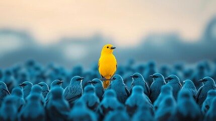 A bold yellow bird in a flock of blue