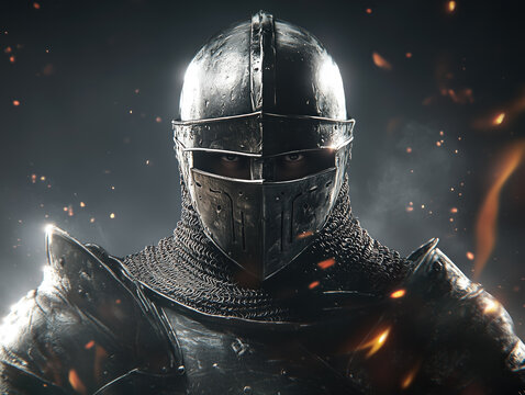 A medieval knight in full armor wearing an iron helmet look forward to battle field, 