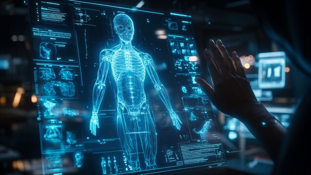 A cutting-edge exploration of human anatomy through advanced technology, showcasing an illuminated skeleton and holographic data in a sleek, modern setting.