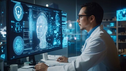 Obraz premium Harnessing Intelligence: A Dedicated Scientist Analyzes Advanced Data Visualizations on a Screen, Pioneering Research in Artificial Intelligence and Neurotechnology