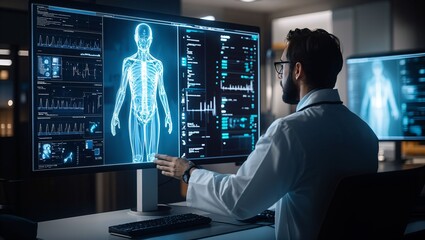 In a sophisticated medical setting, a focused doctor examines an advanced holographic display showcasing human anatomy and real-time health metrics, embodying technology's impact on healthcare.