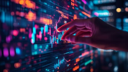A stunning visual representation of market data analysis, where a hand gracefully engages with vibrant, colorful graphs illustrating dynamic financial trends in a tech-driven environment.