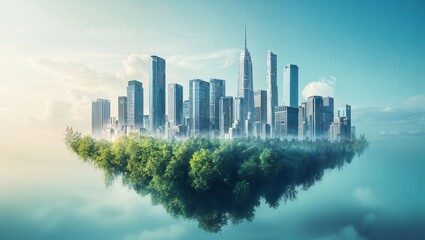 Fototapeta premium A breathtaking view of a futuristic city suspended in the air, surrounded by lush greenery, blending nature with modern architecture in a dreamlike atmosphere.