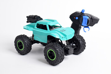RC model rally, off road buggy with remote control. Isolated on white background
