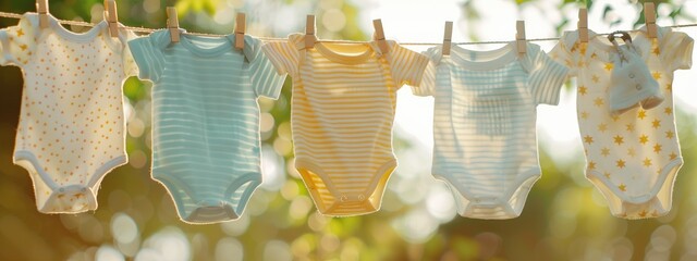 Adorable baby onesies hanging on a clothesline against a sunny outdoor background. Concepts of baby clothing, childcare, and eco-friendly parenting.