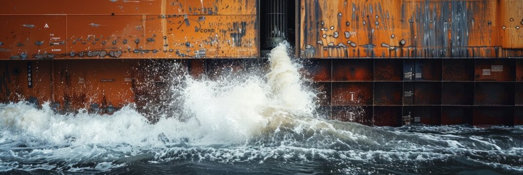 Discharge of bilge water from the side of a cargo ship.