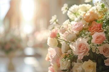Close-up of a beautiful bouquet of pastel-colored flowers with sunlight streaming in the background. Ideal for concepts related to elegance, nature, weddings, and peaceful ambiance.