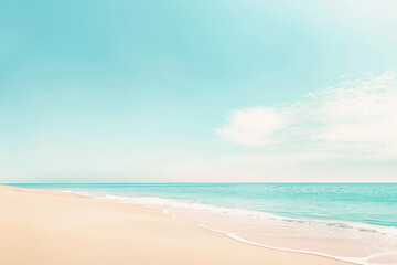 Obraz premium Serene beach scene with soft waves gently washing ashore under a clear sky, symbolizing peace, relaxation, and a perfect summer getaway with ample copy space.