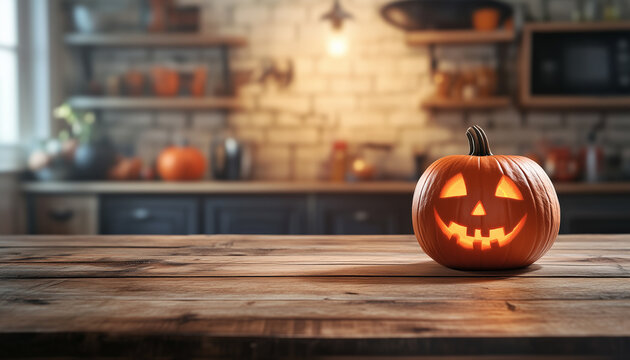 Empty kitchen table top with Halloween pumpkin