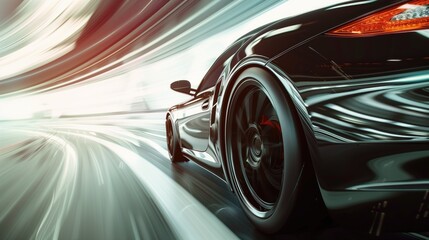 Obraz premium Sleek black sports car speeding through a tunnel with motion blur effects. Concepts of speed, luxury, and high-performance driving.