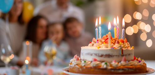 Blurred family in background with lit birthday cake in foreground. Concepts of celebration, togetherness, and special occasions.