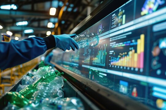 Gloved hand holding a plastic bottle in front of large digital screen displaying graphs and data. Concepts of recycling, technology integration, and environmental sustainability.