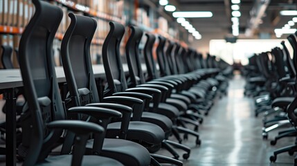 Row of black ergonomic office chairs aligned in large modern workspace with shelves in the background. Concepts of office furniture, corporate environment, and workspace organization.