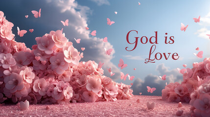 Inspirational scene with pink flowers and butterflies reflecting the message "God is Love" against a cloudy sky background. Concepts of faith, beauty in nature, and spiritual encouragement.