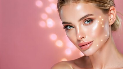 Fototapeta premium Close-up portrait of a woman with glowing skin and bokeh lights in the background