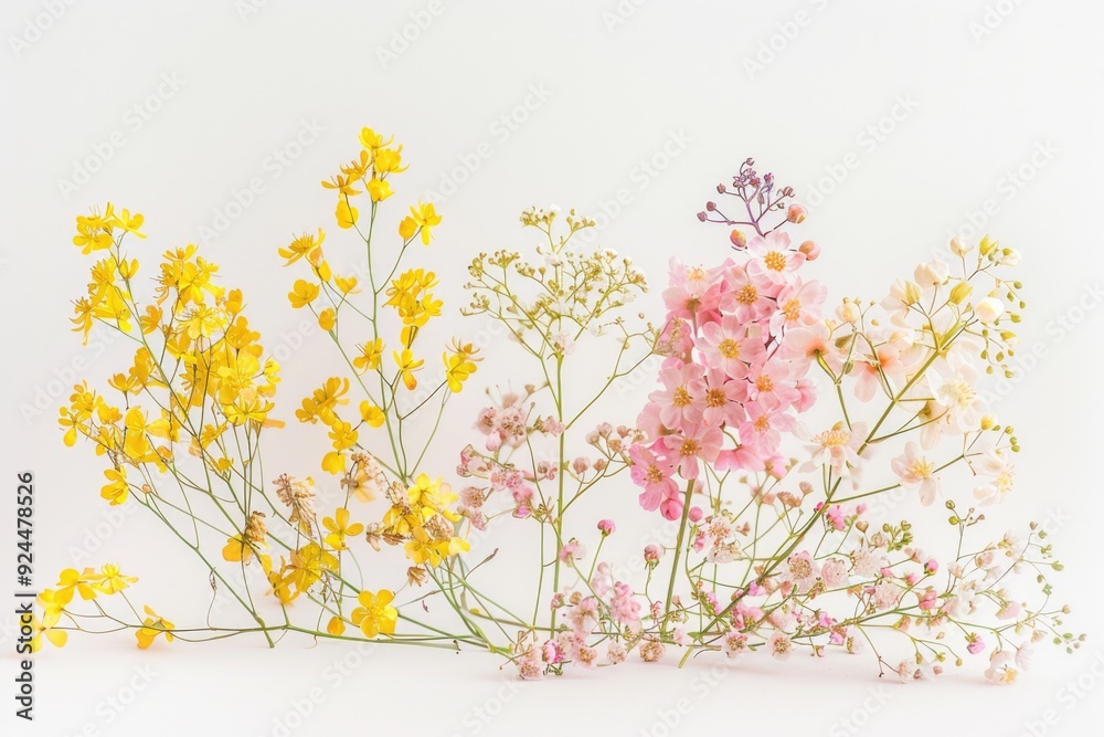 Poster A collection of colorful flowers arranged on a clean white surface, ideal for editorial or commercial use