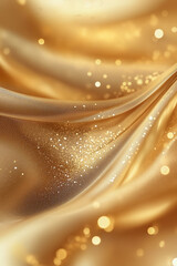 Luxurious golden fabric with sparkling glitter, creating a flowing, rich texture, representing elegance and wealth, with space for copy.